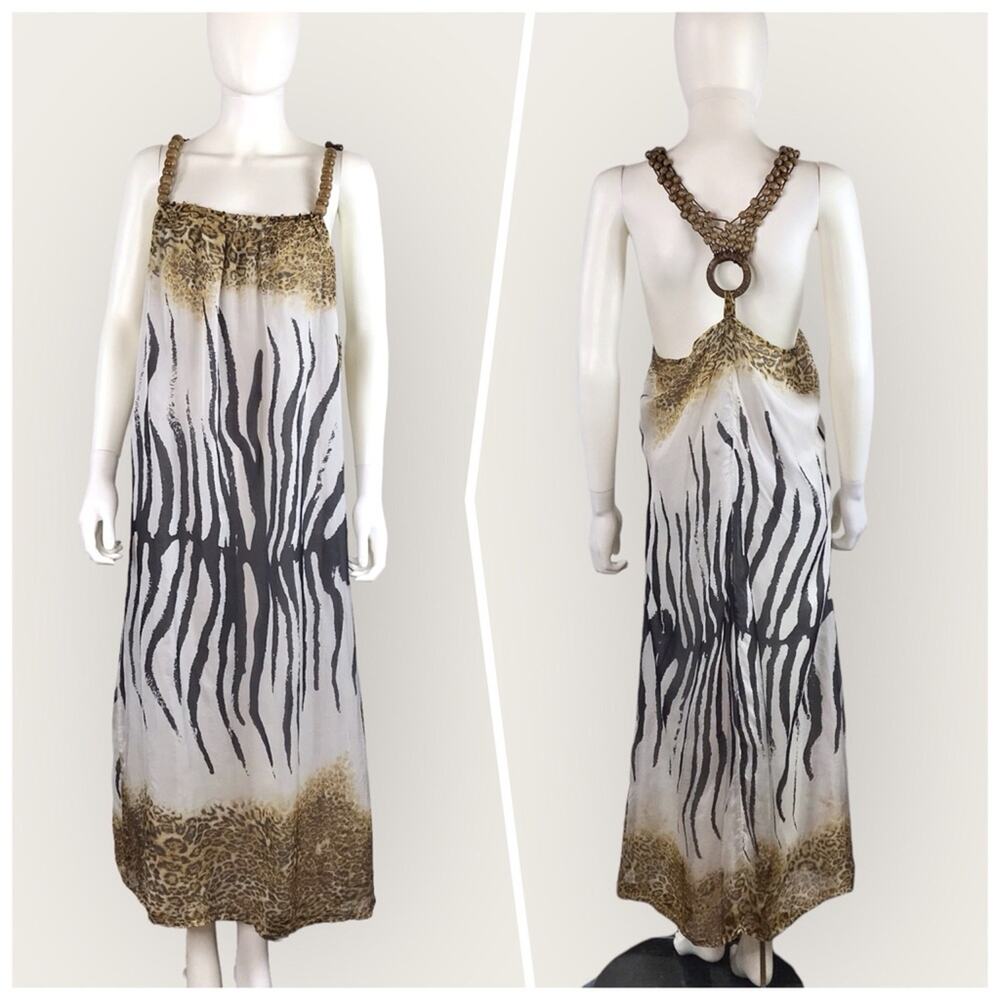 Lumiere Boho Silk Maxi Dress Animal Print Wooden Beaded White & Brown